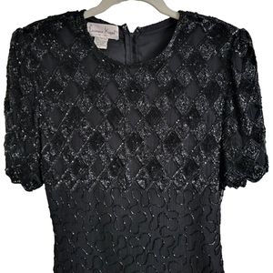 Vintage 100% Silk Black Beaded Laurence Kazar Dress Small